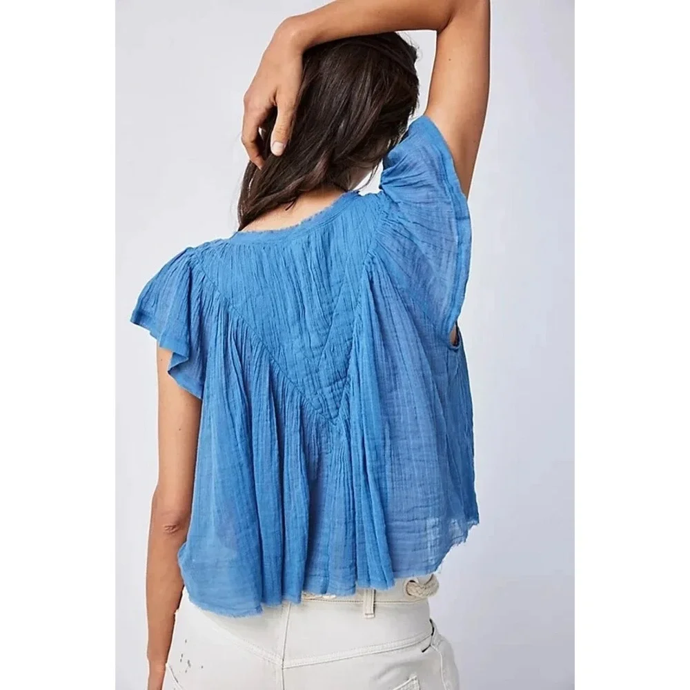 Free People FP One Blue Gauze Pleated Flutter Sleeve Boho Blouse Top Medium pp